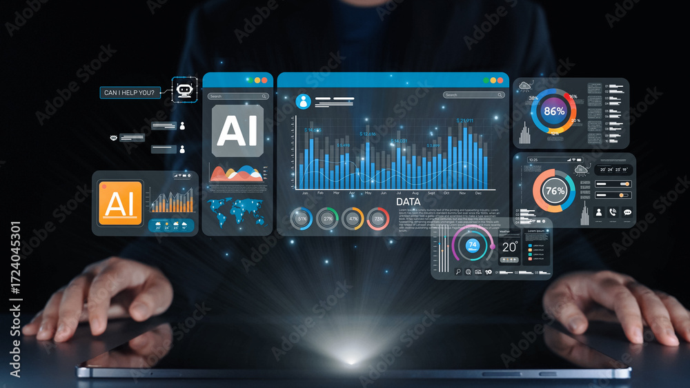 Fototapeta premium AI Assistant Brain Processor with LLM Technology, Big Data, Machine Learning, Generative AI for Business Support, Future Agentic AI Technology and Artificial Intelligence Prompt Engineering. Elide