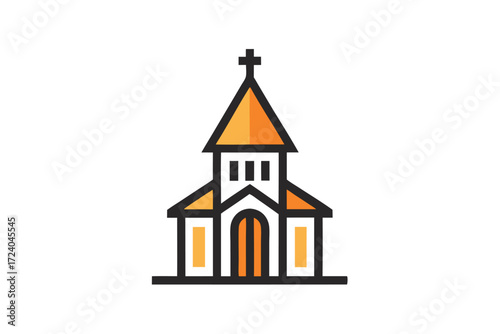 Minimalist church building with cross spire features orange accents and strong dark outlines on a white background