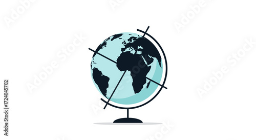 A spinning blue and green globe on a black stand rests on a white background.