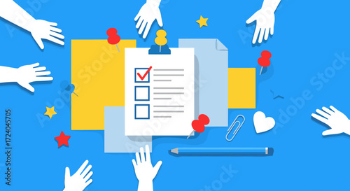 A group of diverse hands reaching for a checklist on a bright blue background with colorful pins and stars.