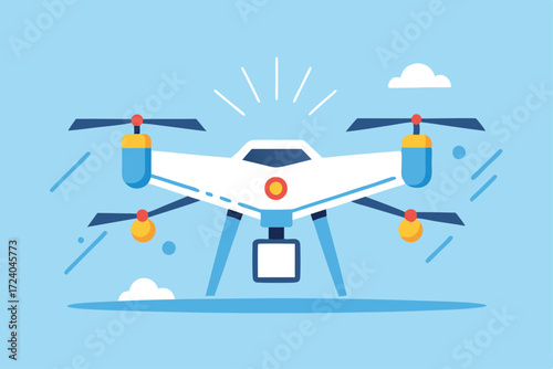 White quadcopter hovers with a gimbal attached, seen against light blue sky and cloud background