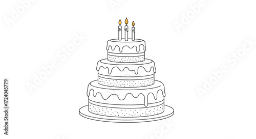 A festive tiered cake adorned with dripping icing and lit candles.