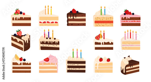 A collection of delicious sliced cakes with various toppings and candles.