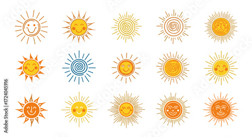 A collection of cheerful hand drawn sun illustrations with various expressive faces and radiating lines.