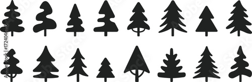 Tree icon silhouette illustration, fifteen stylized conifer shapes with varied branch structures black white layout, forest vector clipart artwork design