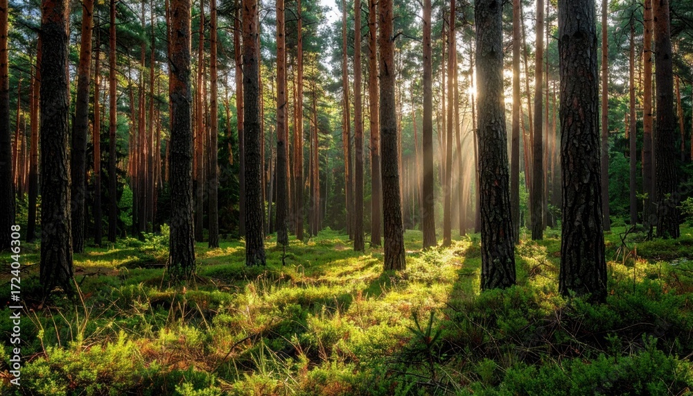 Obraz premium Forest sunlight beams through trees