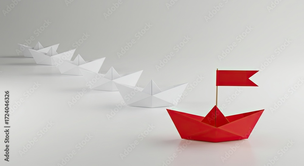 Naklejka premium Red origami paper boat with flag leads a line of white boats on a white background