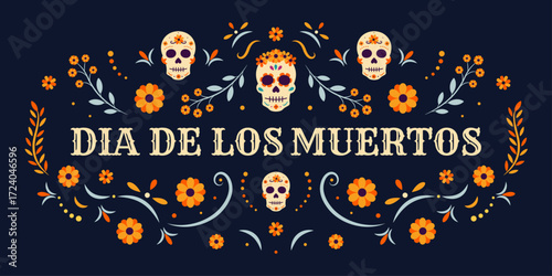 Dia de los Muertos is a Mexican festival celebrating the Day of the Dead. Vector design with calaca skulls, cempasuchil flowers, symbolizing death, and ispanica ispaniche ispanaci ispanico culture.