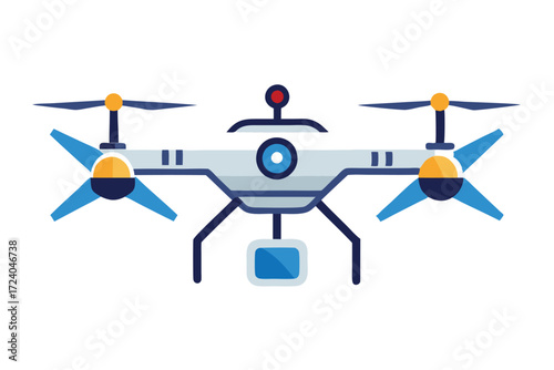 A white and blue drone with four propellers is hovering against a white background