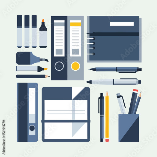 Illustration of office supplies including pens, pencils, markers, binders, and notebooks.