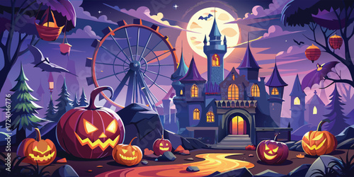 Halloween fantasy night fairground scene with haunted castle, glowing pumpkins, Ferris wheel in background, eerie purple sky with full moon, spooky digital illustration 
