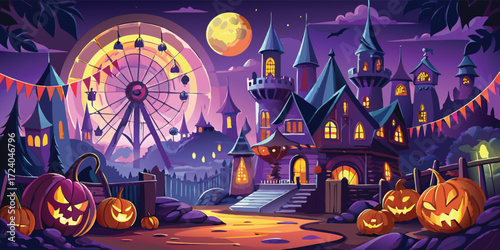 Magical spooky carnival scene with haunted castle, glowing pumpkins, and Ferris wheel under purple glowing night sky, full moon shining, detailed Halloween fantasy illustration