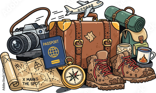 Vintage travel gear collage suitcase camera passport map boots adventure vector