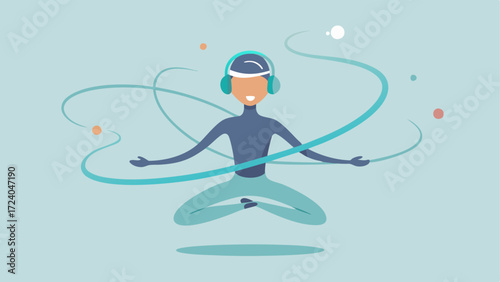 Flow State An illustration of a figure in motion demonstrating the energy flowing from the headset into their body with swirling lines that depict an active meditative state.