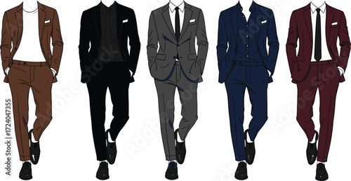 Businessmen fashion illustration, suit colors, walking pose, stylish attire, character design, white background, professional look, diversity, outfit guide, cartoon style