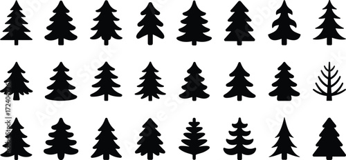 Tree icon silhouette illustration, twenty-four stylized conifer shapes with varied branch structures black white layout, forest vector clipart artwork design