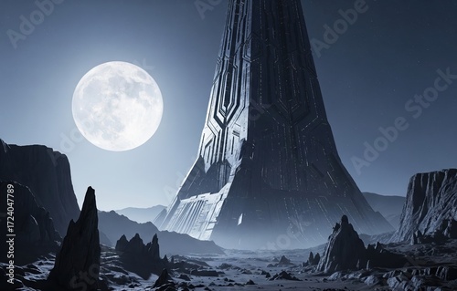 Gigantic monolithic alien structure towering high above barren rocky planetary ground beneath pale moonlight casting eerie shadows of cosmic timeless strangeness