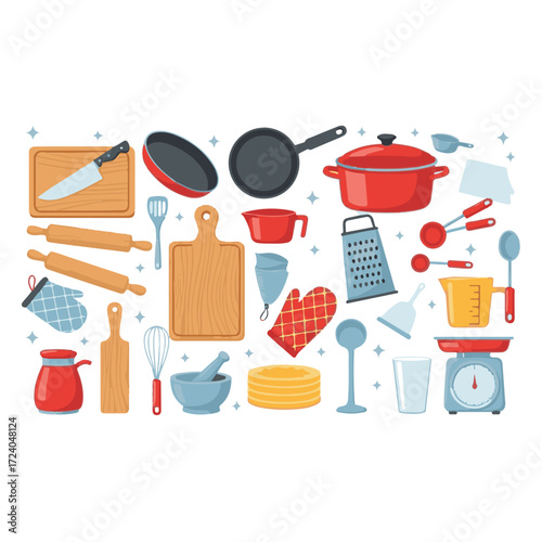 Kitchen utensil set. Frying pan, cutting board, grater, wok and other cooking tools, kitchenware collection. Vector illustration