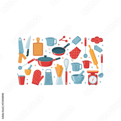 Kitchen utensil set. Frying pan, cutting board, grater, wok and other cooking tools, kitchenware collection. Vector illustration