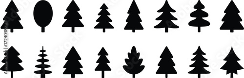 Tree silhouette illustration, fifteen stylized tree shapes coniferous and deciduous forms black white layout, nature vector clipart artwork design