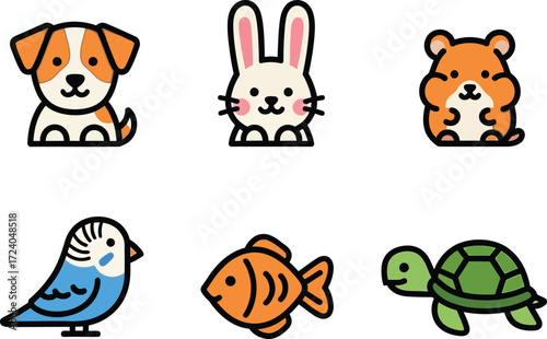Cute kawaii pet icons dog rabbit tiger bird fish turtle collection vector