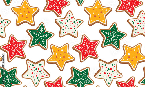 winter holiday seamless white background with star-shaped cookies with icing Christmas decor traditional homemade baking