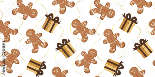 cute seamless christmas pattern gingerbread man present boxes with gold lines new year winter season designs wrapping paper