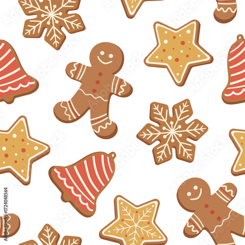 merry christmas gingerbread cookies and snowflakes seamless pattern with stars and bells on a white background