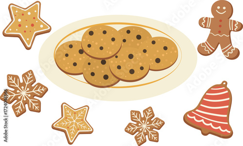 christmas cookies set plate of chocolate chip cookies and decorative gingerbread stars vector elements
