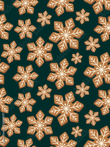 Honey gingerbread snowflakes Christmas New Year seamless pattern dark green background for posters postcards web design