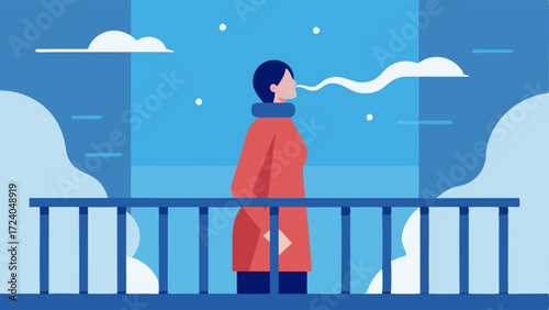 Breath of Fresh Air A person standing on a balcony taking a deep breath with a look of satisfaction reflecting on the refreshing feeling after cryotherapy.