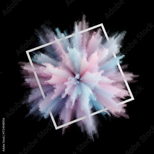 Abstract explosion of pastel colored powder within a white square frame on black background