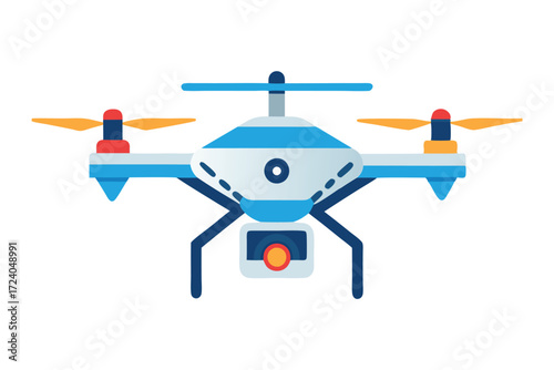 Isolated blue and white drone has four orange propellers against a white background