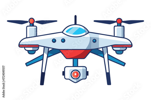 Isolated cartoon drone with camera displays its propellers and body shape clearly against white
