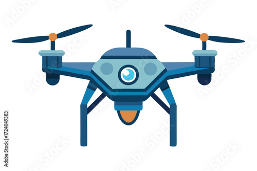 Cartoon blue quadcopter possesses spinning propellers and a camera for aerial photography and videography