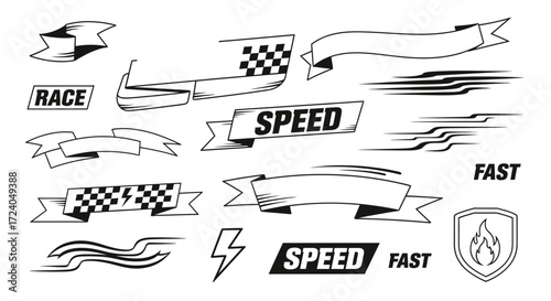 A monochrome collection of dynamic racing banners and speed-themed vector graphic elements