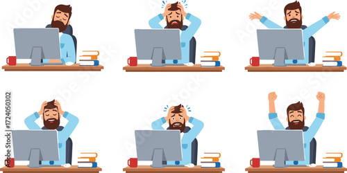 Cartoon man at desk, emotional reactions, computer work, stress and celebration, workplace mood, beard character, casual setting,desk, emotiona