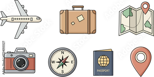Travel icons airplane suitcase map camera compass passport pin set vector