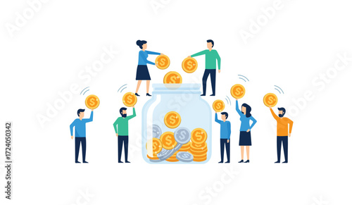 People are contributing coins to a large jar, symbolizing fundraising, savings, or investment.