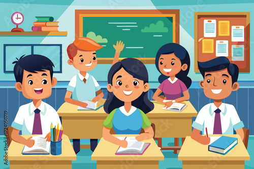 A cheerful illustration of diverse elementary school children engaged in a classroom setting.