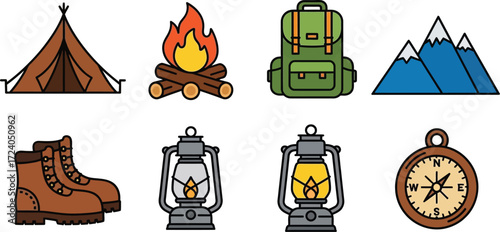 Camping gear icons tent campfire backpack mountains boots lanterns compass vector