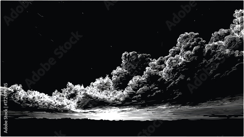 Mystical Black and White Drawing of Dark Sky with Bold Typography