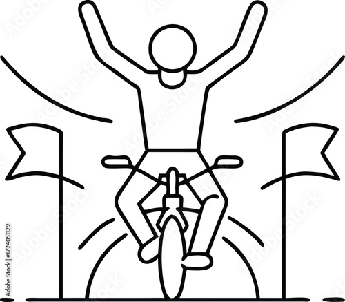 Simple line drawing of a bicycle racer crossing the finish line victorious