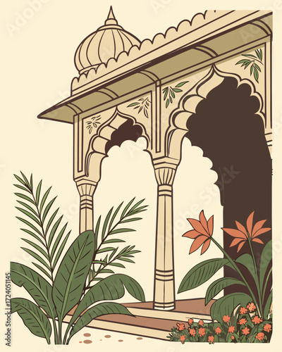 Intricate rajput palace archway adorned with lush tropical plants
