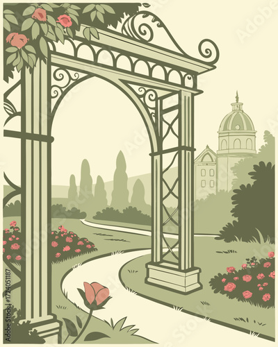 Ornamental archway with historical palace and garden scene