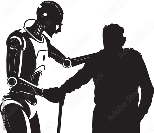 Robot arm resting on elderly man with cane silhouette android human