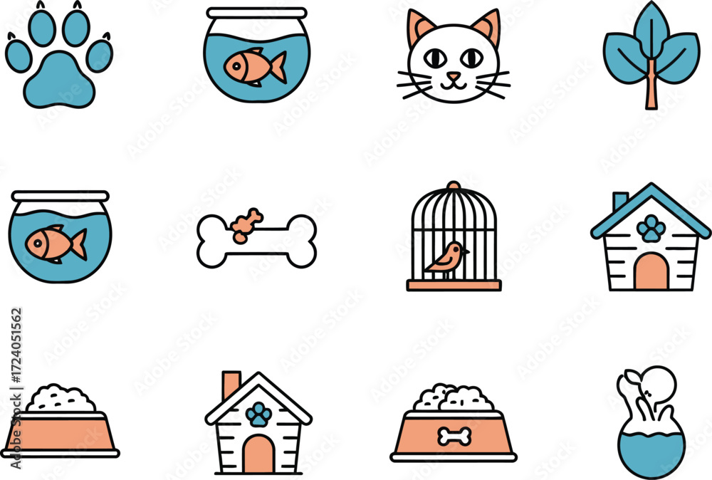 Fototapeta premium Cute pet icons collection for animal lovers and home decor vector