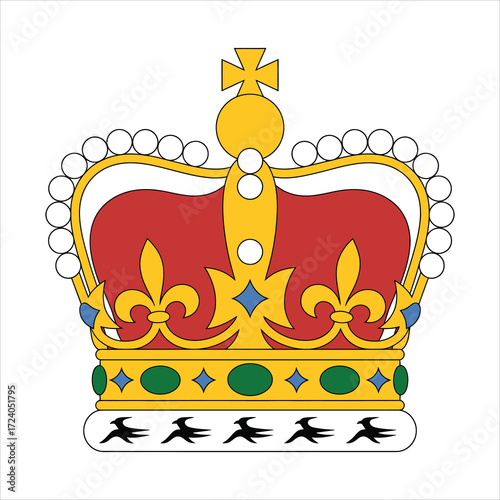 Heraldic royal crown illustration with gold, pearls, jewels, fleur-de-lis, and decorative scrollwork, symmetrical flat vector design