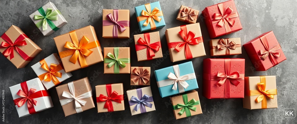 Obraz premium Assorted gift boxes arranged on a surface, viewed from above, gift box, background