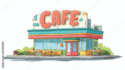 Charming Cartoon Illustration Cafe with Sign - Ideal for Marketing Materials